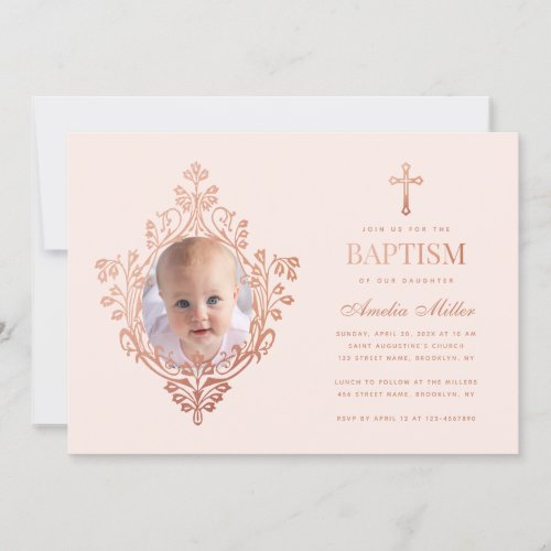 Pink Girl Baptism Photo Rose Gold Blush Vintage Invitation