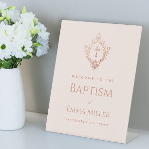 Pink Girl Baptism Rose Gold Crest Elegant Welcome Pedestal Sign
