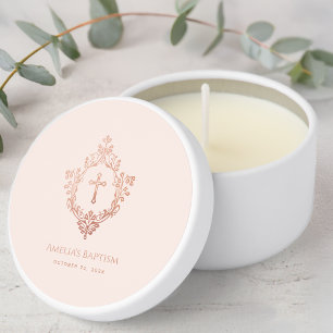 Pink Girl Baptism Rose Gold Vintage Cross in Crest Mini Candle Favors