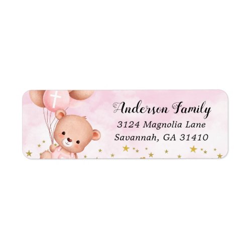 Pink Girl Baptism Stars  Balloons Teddy Bear Label