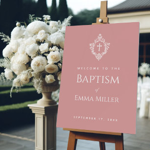 Pink Girl Baptism Welcome Cross & Crest Dusty Rose Foam Board
