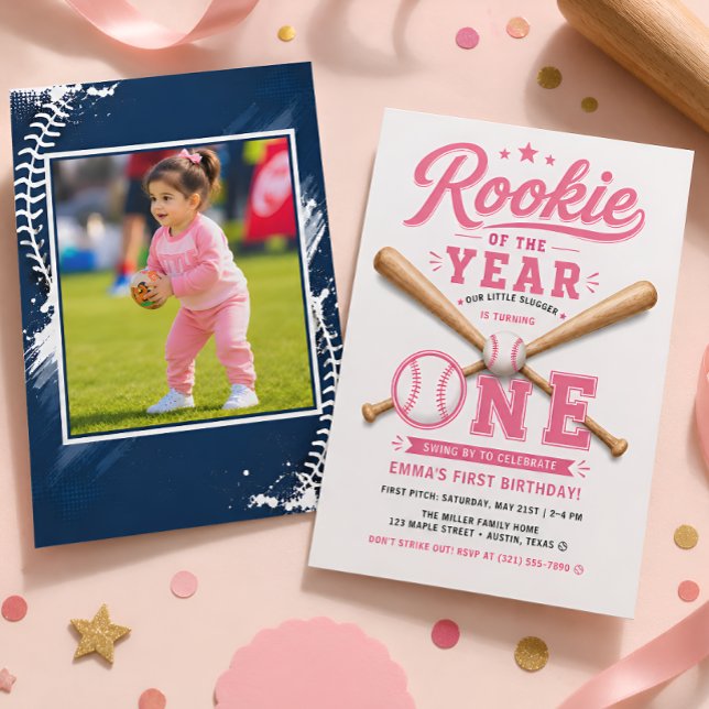 Pink Girl Baseball First Birthday Party Invitation (Creator Uploaded)