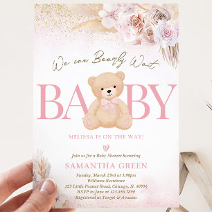 Pink Girl Bear Boho Baby Shower Invitation