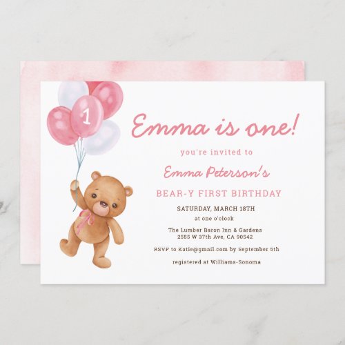 Pink Girl Bearly First Birthday Invitation
