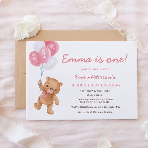 Pink Girl Bearly First Birthday Invitation