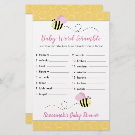 Pink Girl Bee Baby Shower Baby Word Scramble Game (Front/Back)