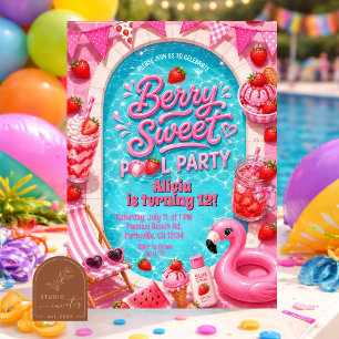  Pink Girl Berry Sweet Pool party invitation