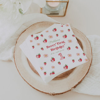 Pink Girl Birthday Strawberries and Daisies Simple Napkins