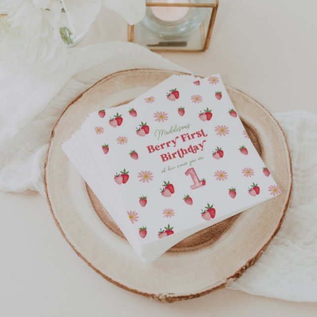Pink Girl Birthday Strawberries and Daisies Simple Napkins (Creator Uploaded)