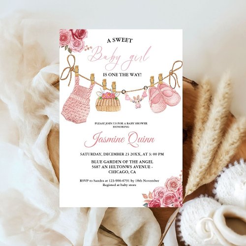 Pink Girl Bohemian Clothes Baby Shower Invitation