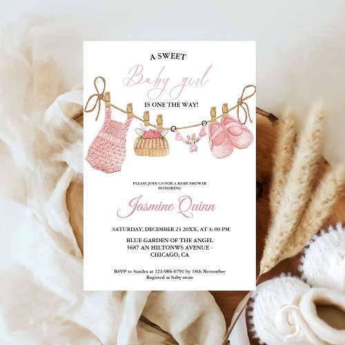 Pink Girl Bohemian Clothes Baby Shower Invitation