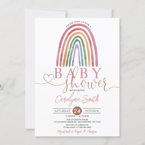 Pink Girl Boho Watercolor Rainbow Baby Shower Invitation