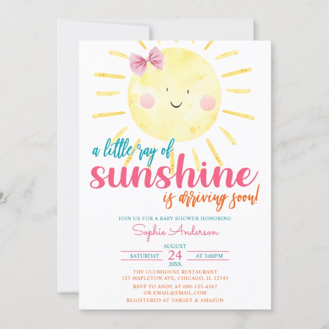 Pink Girl Bow A Little Ray of Sunshine Baby Shower Invitation (Front)