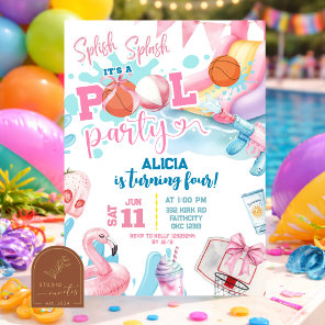 Pink Girl Bow Basketball Pool Party Birthday Invitation