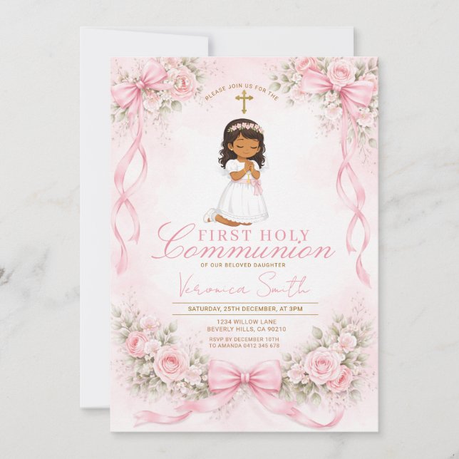  Pink Girl Bow Floral First Holy Communion Invitation (Front)
