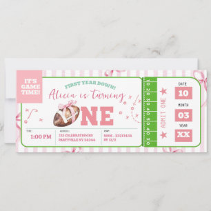 Pink Girl Bow Football First Birthday Ticket Invit