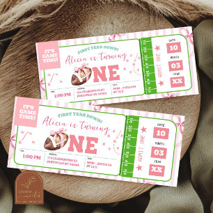 Pink Girl Bow Football First Birthday Ticket Invit