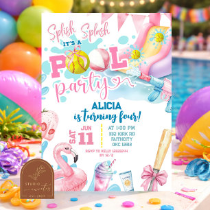 Pink Girl Bow Softball Pool Party Birthday Invitation