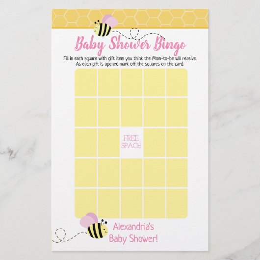 Pink Girl Bumble Bee Baby Shower Bingo Game (Front)