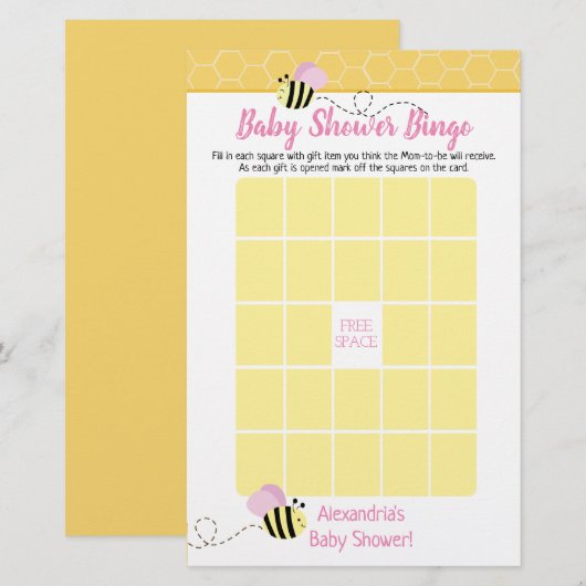 Pink Girl Bumble Bee Baby Shower Bingo Game (Front/Back)