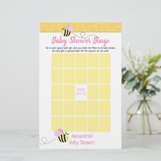 Pink Girl Bumble Bee Baby Shower Bingo Game (Standing Front)