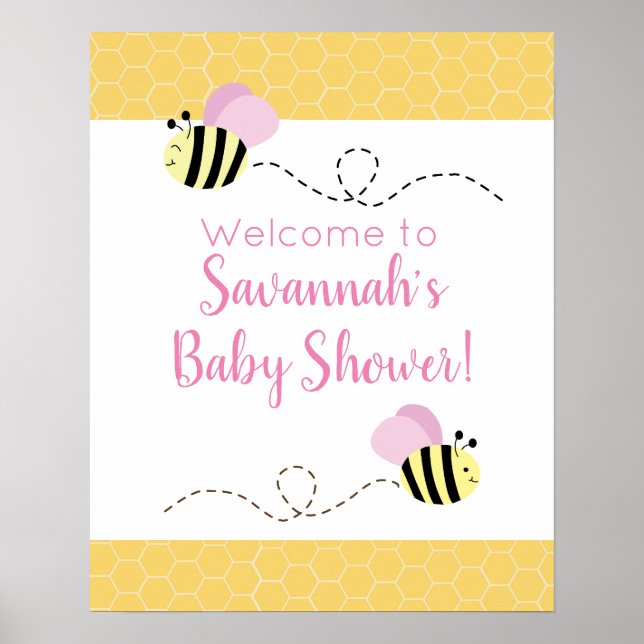 Pink Girl Bumble Bee Baby Shower Sign (Front)