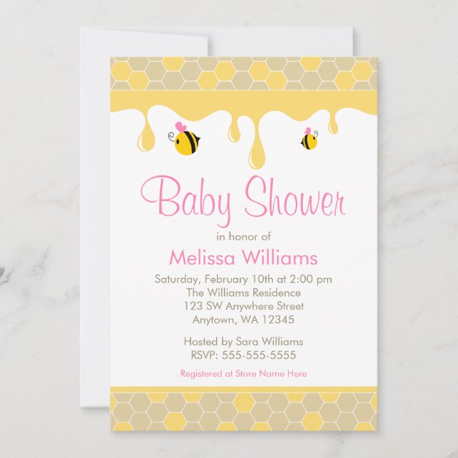 Pink Girl Bumble Bee Honey Baby Shower Invitations (Front)