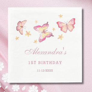 Pink Girl Butterfly 1st Birthday Party Napkins