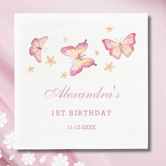 Pink Girl Butterfly 1st Birthday Party Napkins (Creator Uploaded)