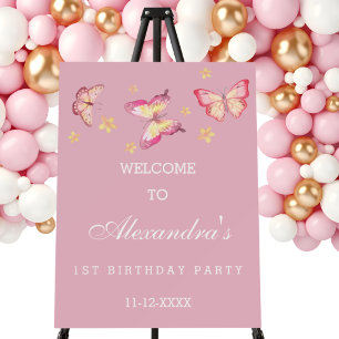 Pink Girl Butterfly 1st Birthday Welcome Sign