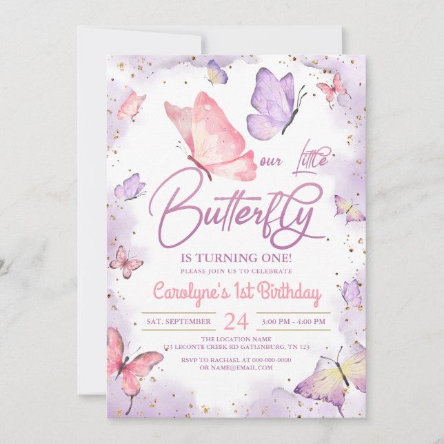 Pink Girl Butterfly Birthday Invitation (Front)