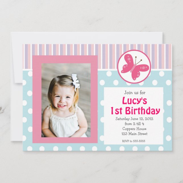 Pink Girl Butterfly Birthday Invitation (Front)