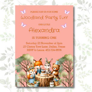 Pink Girl Butterfly Woodland Animals 1st Birthday Invitation