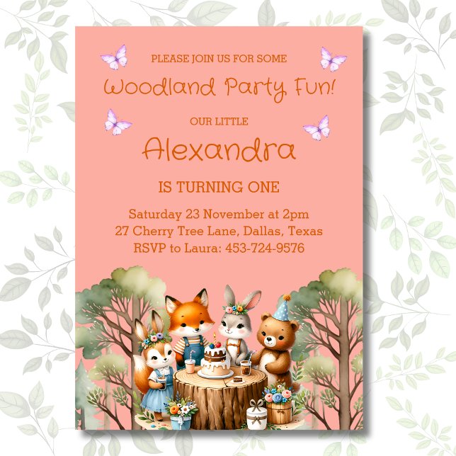 Pink Girl Butterfly Woodland Animals 1st Birthday Invitation (Creator Uploaded)