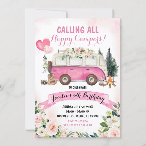Pink Girl Camp Out Birthday Invitation