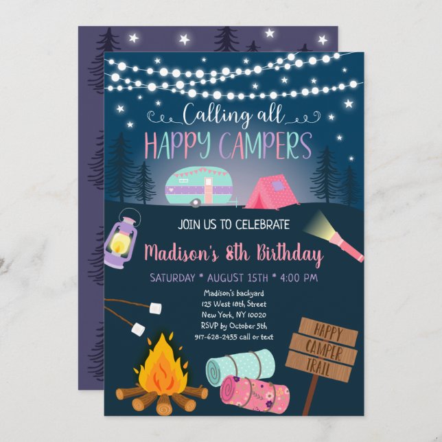 Pink Girl Camper Camping Birthday Invitation (Front/Back)
