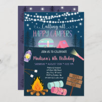 Pink Girl Camper Camping Birthday Invitation