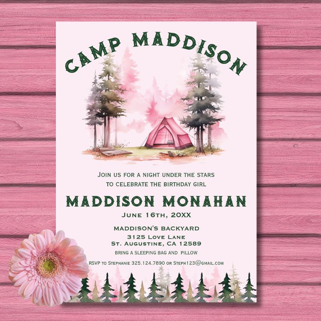 Pink Girl Camping Birthday Invitation (Creator Uploaded)