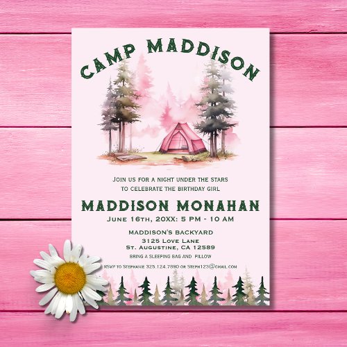 Pink Girl Camping Birthday Sleepover Invitation