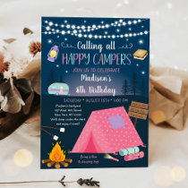 Pink Girl Camping S'mores Sleepover Birthday Invitation