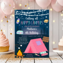 Pink Girl Camping S'mores Sleepover Birthday Invitation