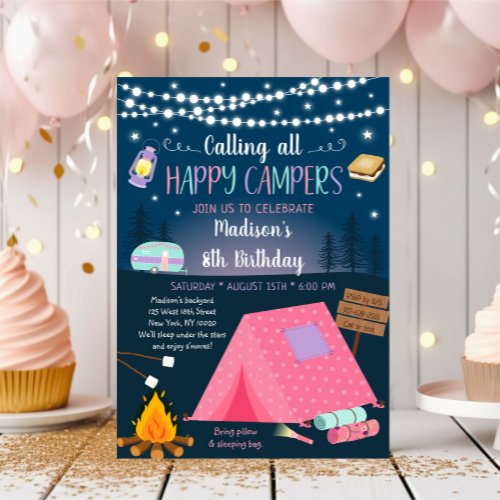Pink Girl Camping Smores Sleepover Birthday Invitation