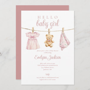 Pink Girl Clothesline Baby Shower All In One Invitation