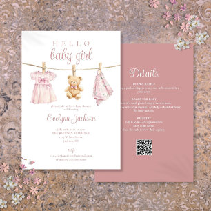 Pink Girl Clothesline Baby Shower All In One Invitation