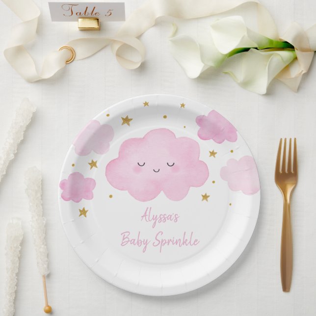 Pink Girl Cloud Stars Baby Sprinkle Paper Plates (Wedding)