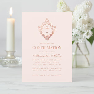 Pink Girl Confirmation Rose Gold Cross Crest Blush Invitation
