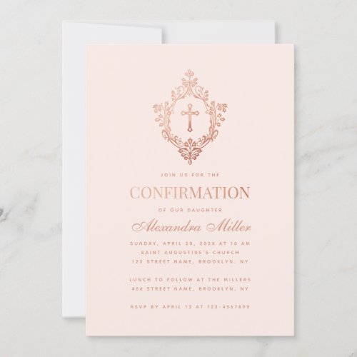 Pink Girl Confirmation Rose Gold Cross Crest Blush Invitation