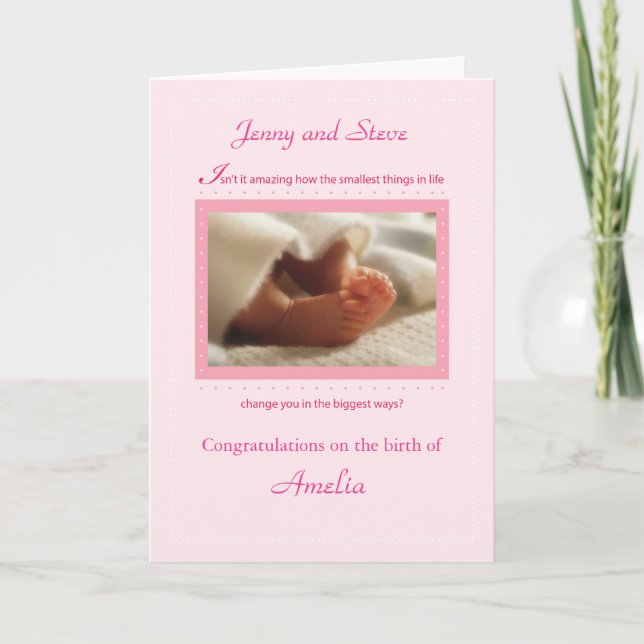 Pink Girl Custom Personalize Congratulations Baby Card (Front)