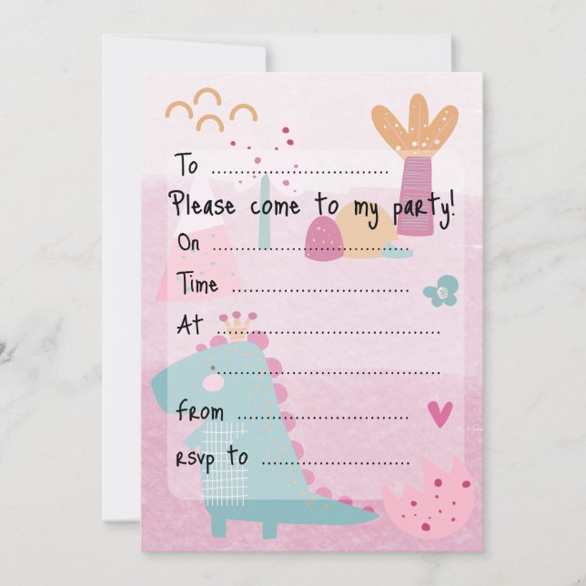 Pink Girl Dino Birthday Party Fill--In Invitation (Front)