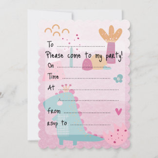 Pink Girl Dino Birthday Party Fill--In Scalloped Invitation